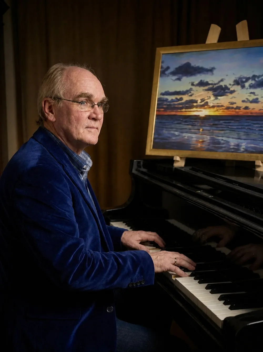 Ewout van Roon aan de zwarte vleugel, met een zonsondergangsschilderij op de ezel